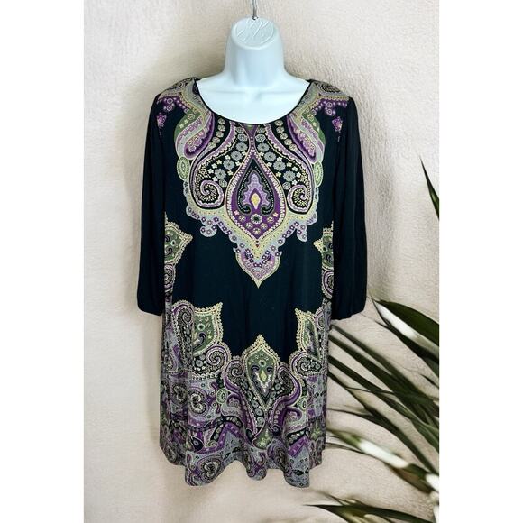 Cha Cha Vente Boho Tunic Top Sz XL Paisley 38/4 Sleeve Blouse Bohemian Long Fit - Picture 1 of 6